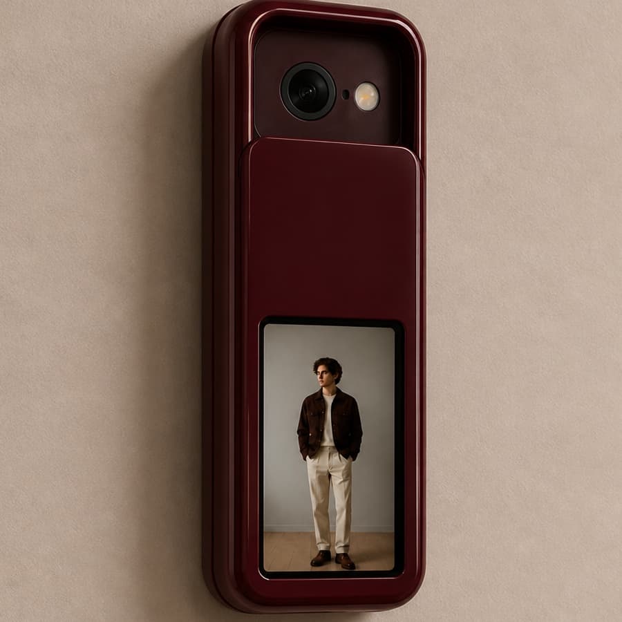 Close view of the Stailas outfit camera with its lens and physical cover visible