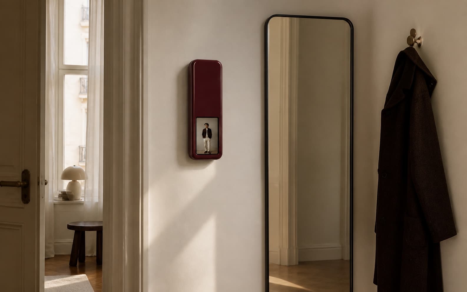 The Stailas outfit camera mounted beside a mirror and hanging coat as a smart mirror alternative