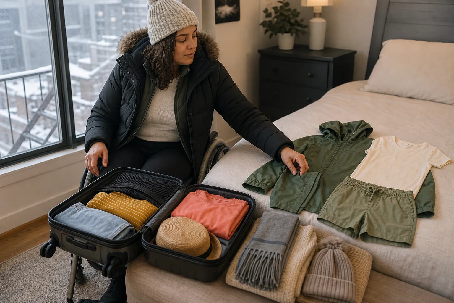 Traveler arranging cold-weather layers beside warm-destination clothes