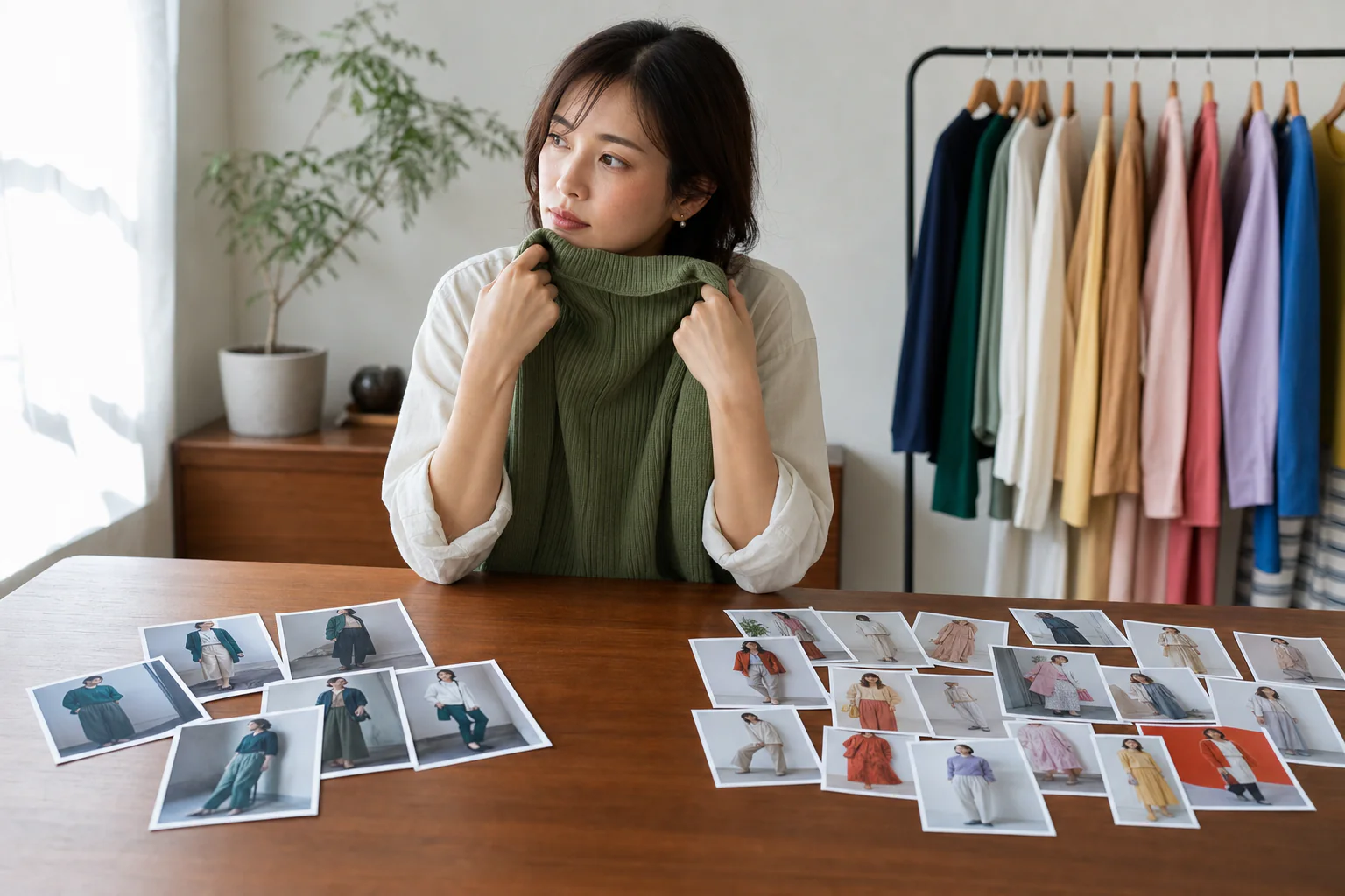 Woman comparing colors she really wears with colors that stay unused