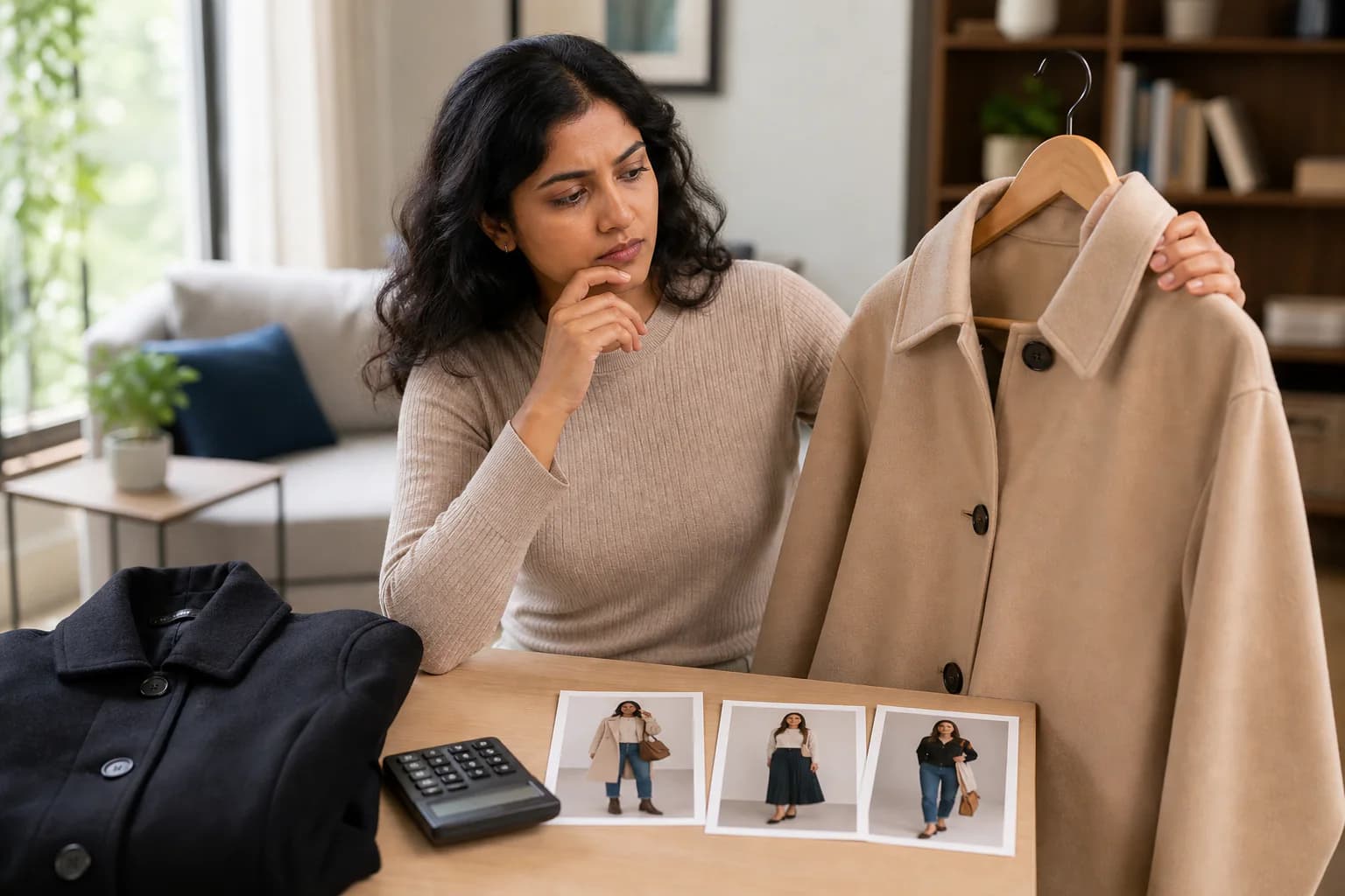 Shopper estimating realistic outfit uses before buying a garment