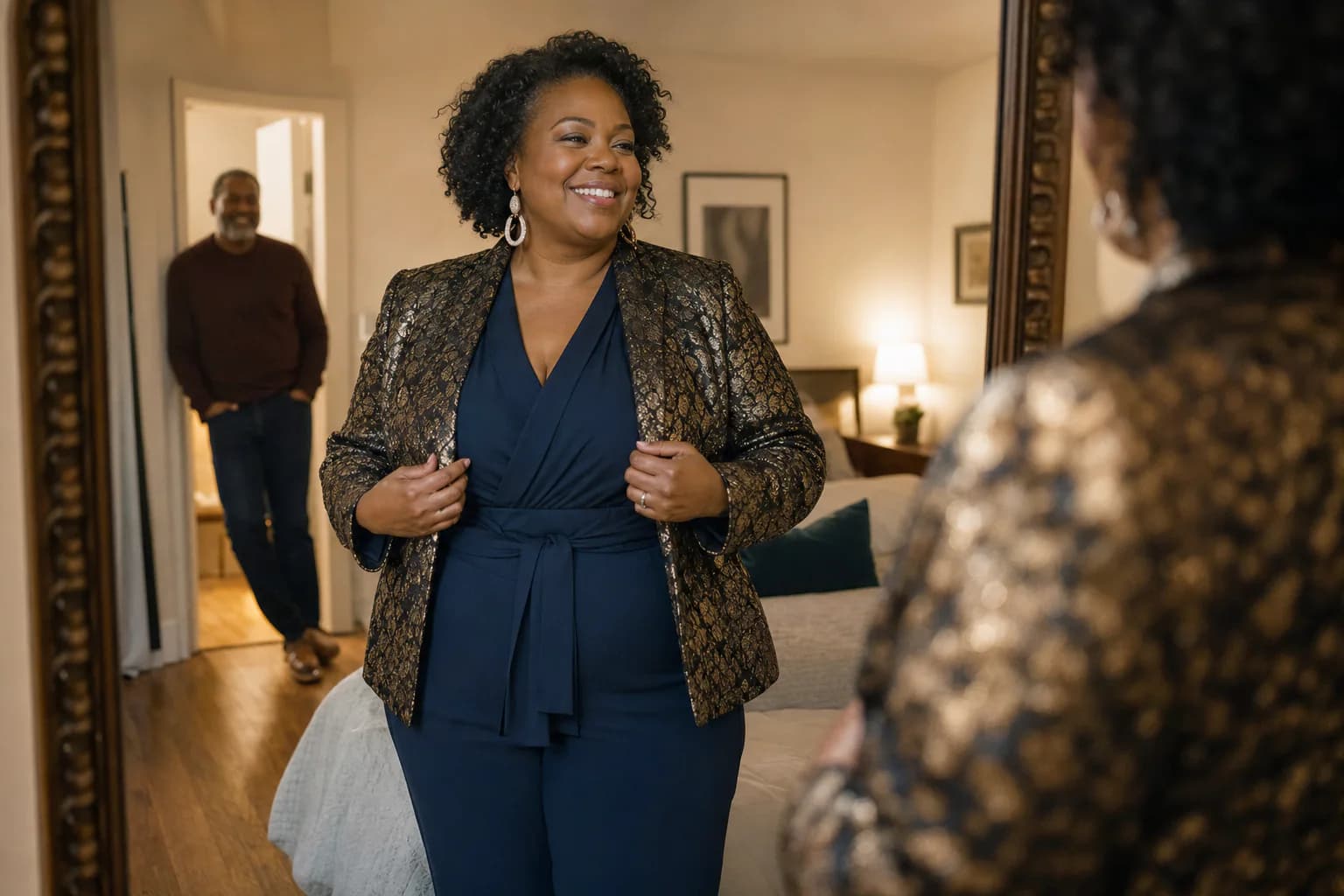 Plus-size woman adding an expressive jacket to a favorite date-night jumpsuit