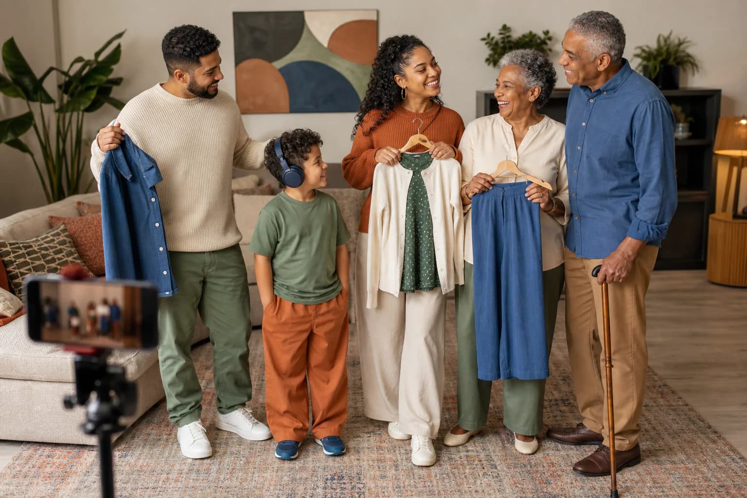 Multigenerational family coordinating photo outfits from their own closets