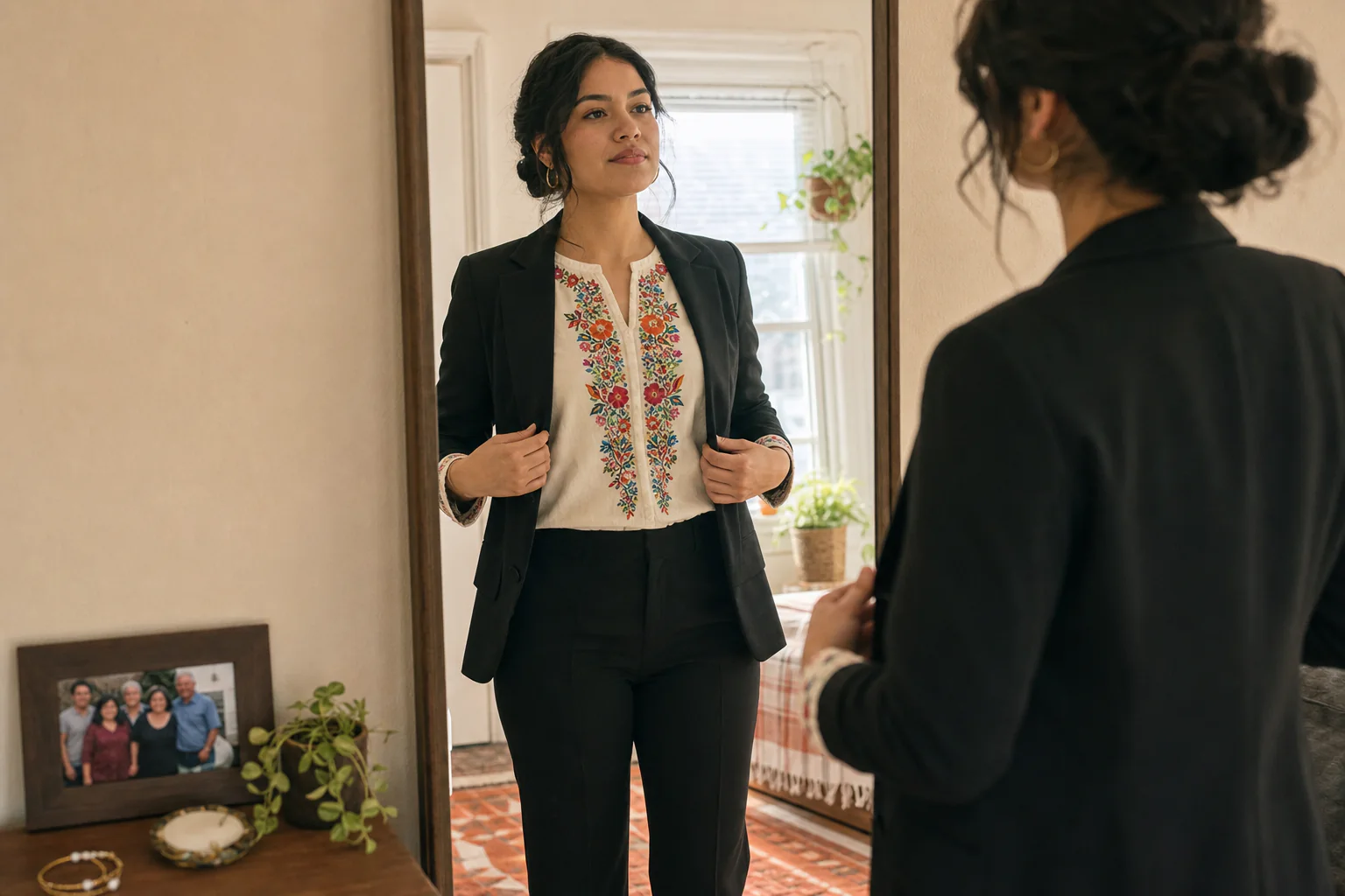 Mexican American professional combining an embroidered blouse with office tailoring