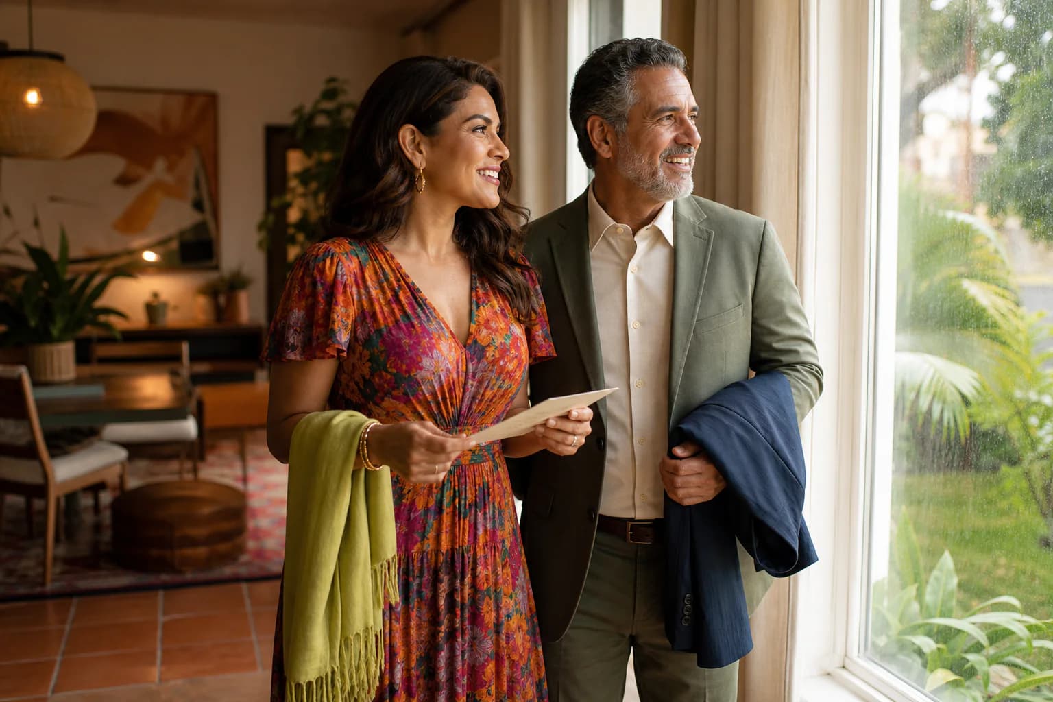 Latino wedding guests planning festive layers for changing weather