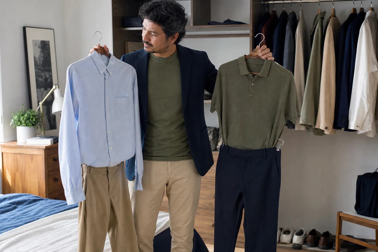 Latino man comparing two business casual outfits from his own wardrobe