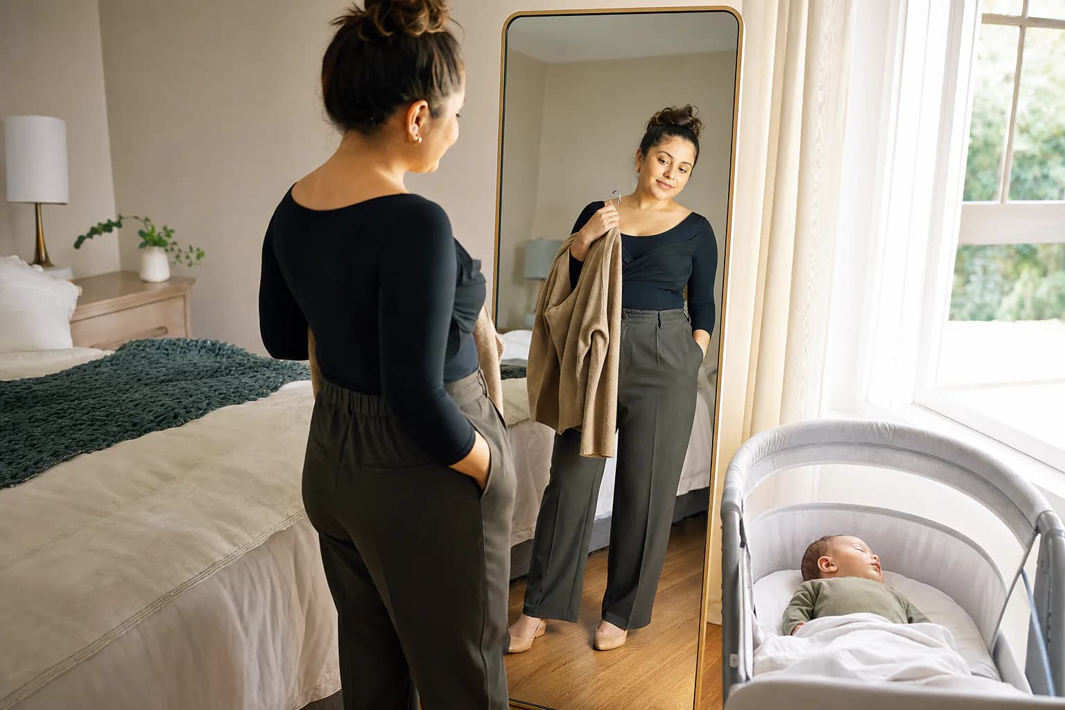 Latina mother choosing a comfortable return-to-work outfit beside her baby