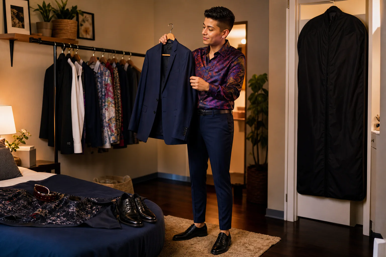 Latino guest choosing colorful tailored clothes for a quinceañera