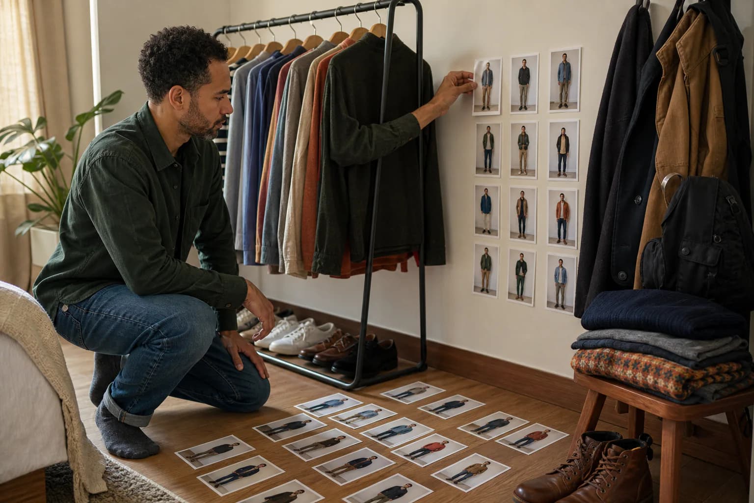 Man building a small capsule from photographs of real outfits