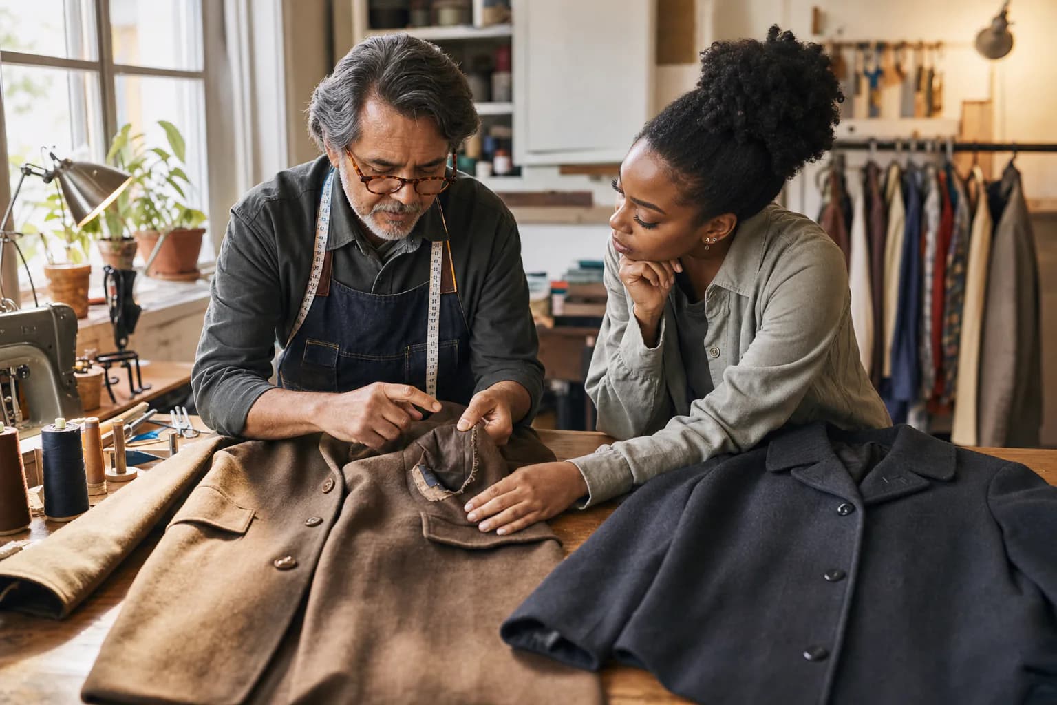 Customer and tailor comparing a repair with replacement