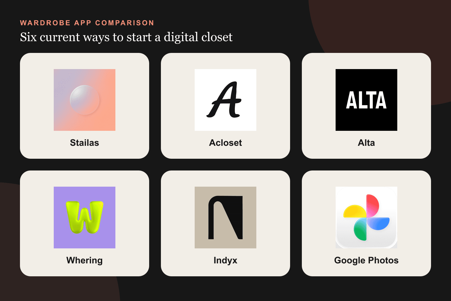 Official icons for six wardrobe apps in the comparison