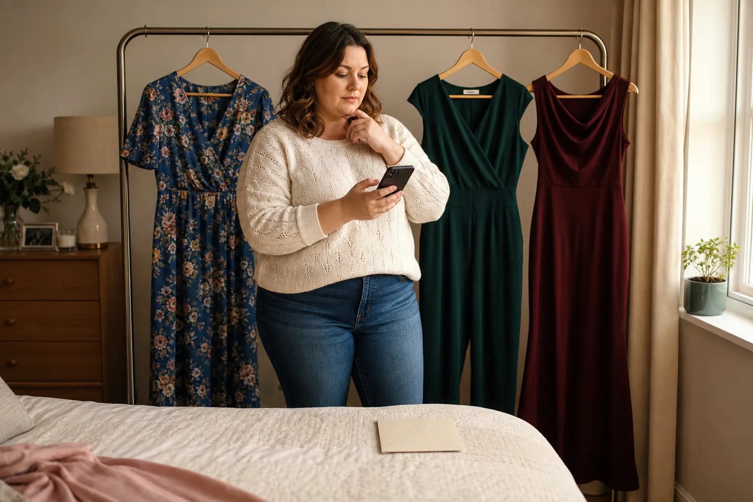 Wedding guest choosing between three polished outfits without a stated dress code