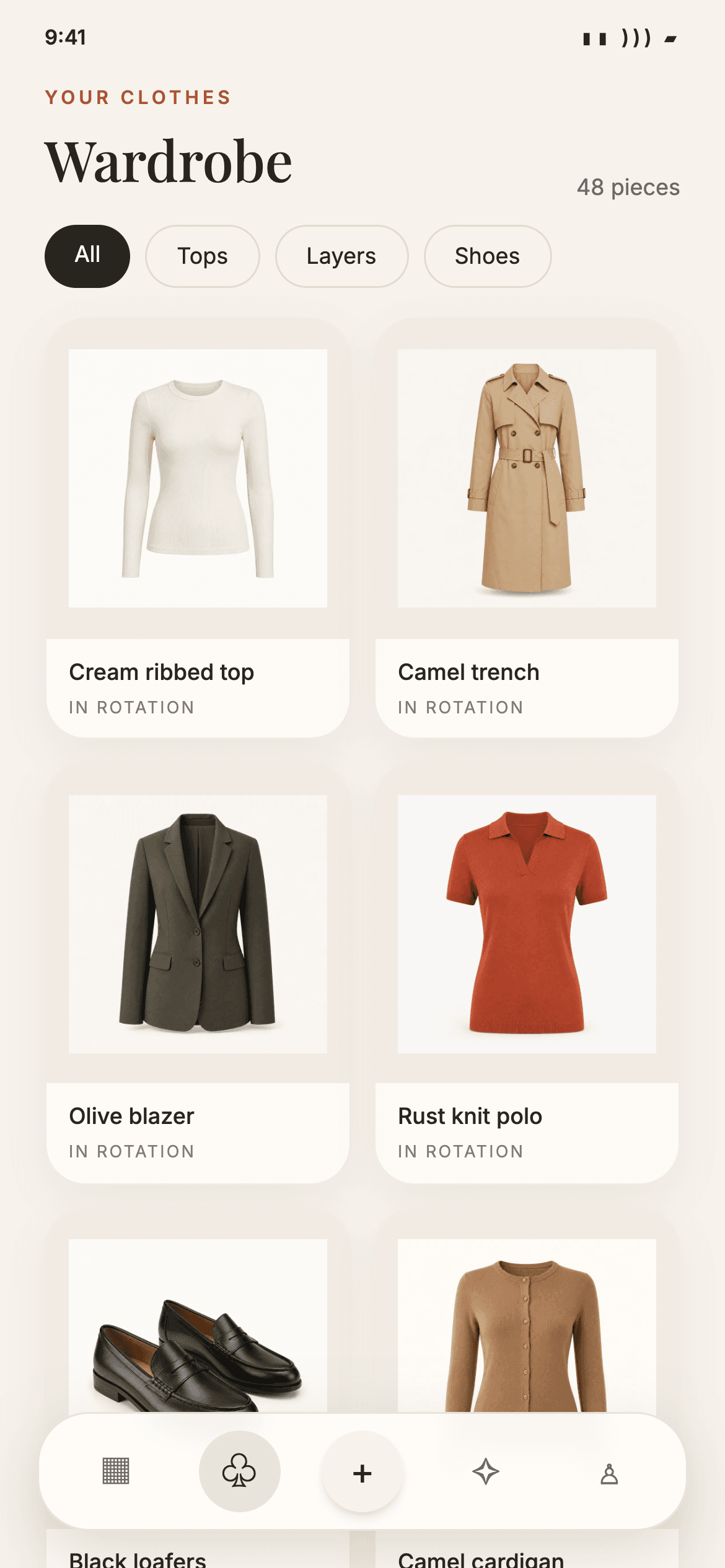 A visual Stailas wardrobe organised into garment cards